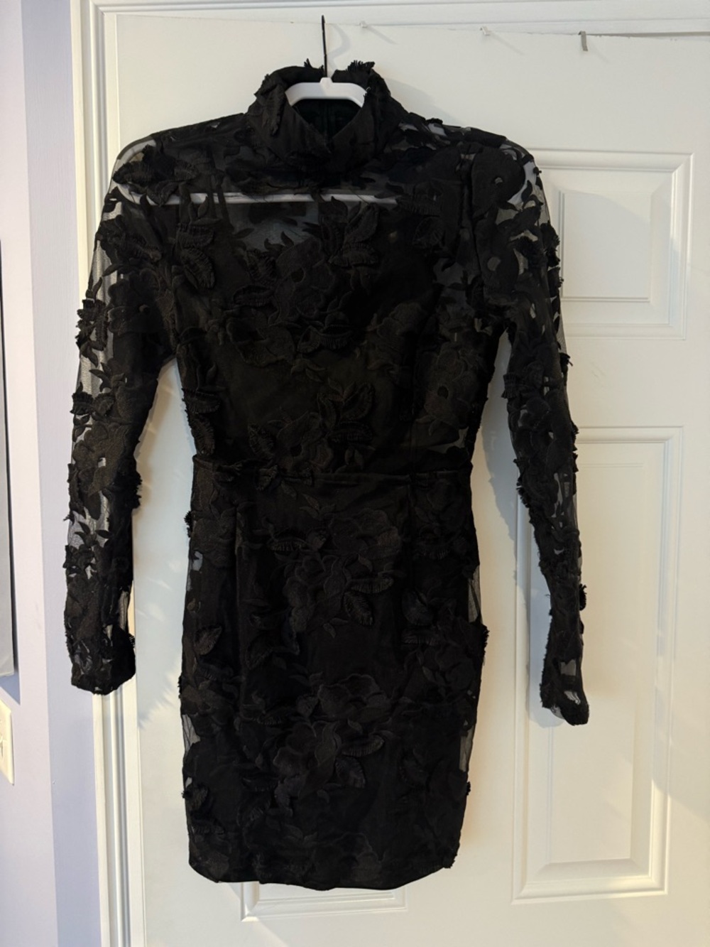 Black Floral Appliqué Long Sleeve Mini Dress